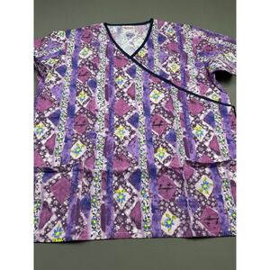 fashion scrubs womens scrub top size Large purple and floral print mock wrap NEW